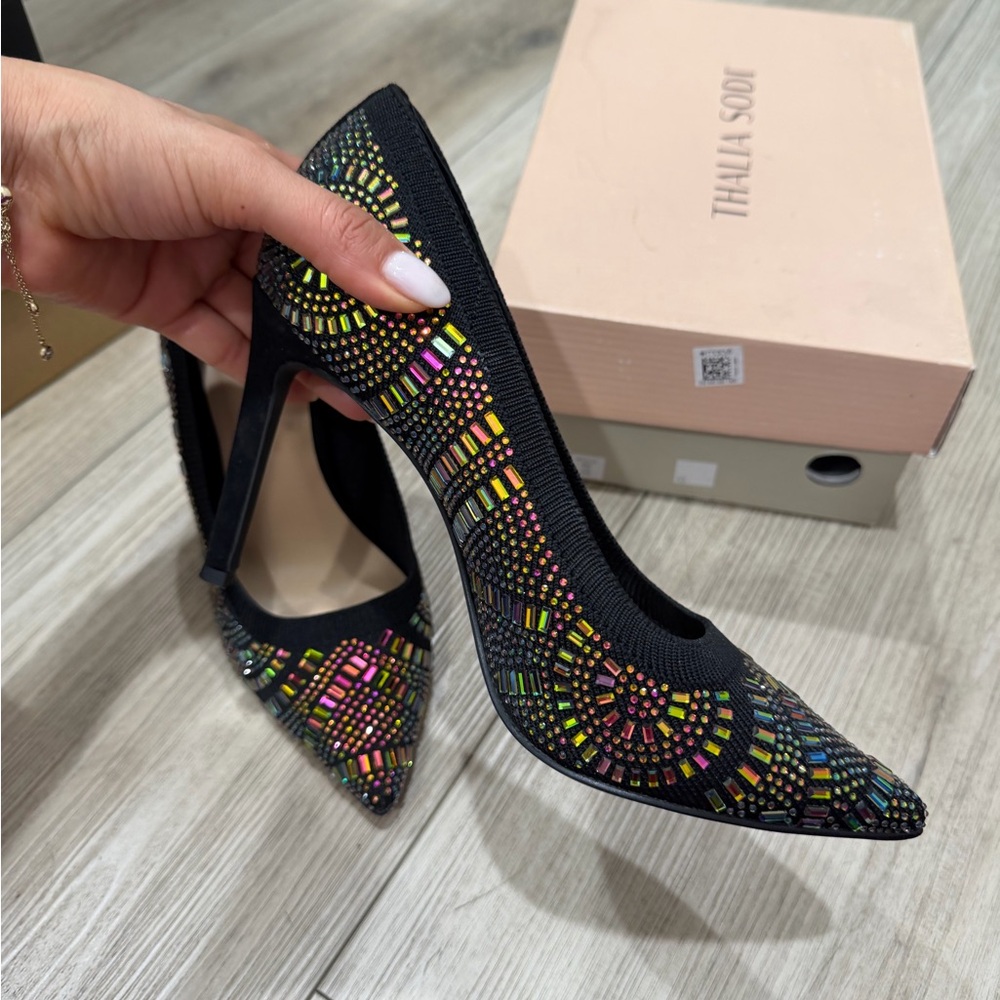 Thalia Sodi Black Heels with Vibrant Rhinestones